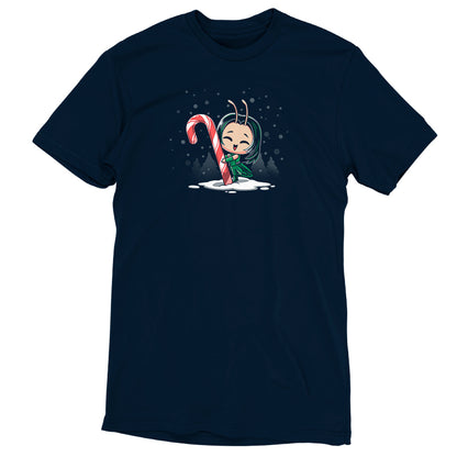 An officially licensed Marvel navy t-shirt featuring the Festive Mantis holding a candy cane.