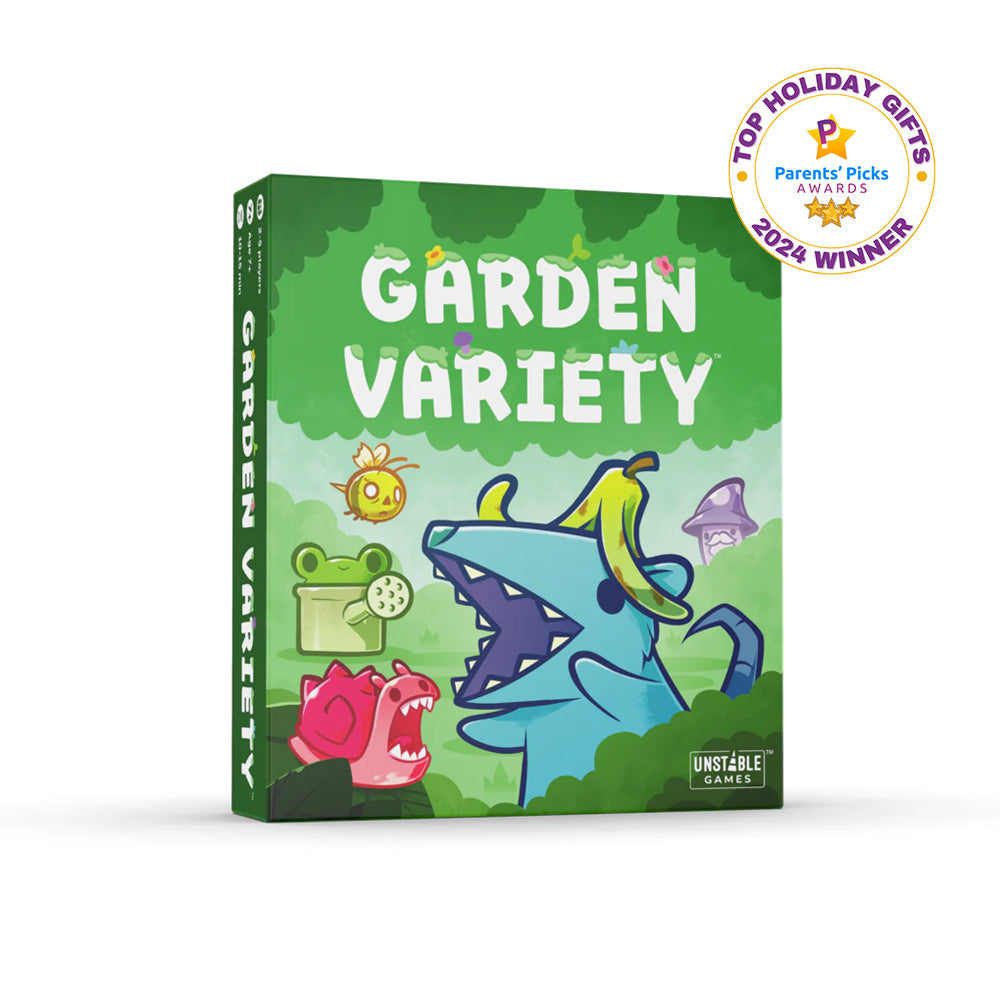 The "Garden Variety: Base Game" by Unstable Games features cartoon monsters on the box and displays a "Parent's Picks Awards 2024 Winner" badge. This strategic card game offers hours of fun for players of all ages.