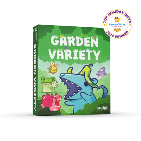 The "Garden Variety: Base Game" by Unstable Games features cartoon monsters on the box and displays a "Parent's Picks Awards 2024 Winner" badge. This strategic card game offers hours of fun for players of all ages.