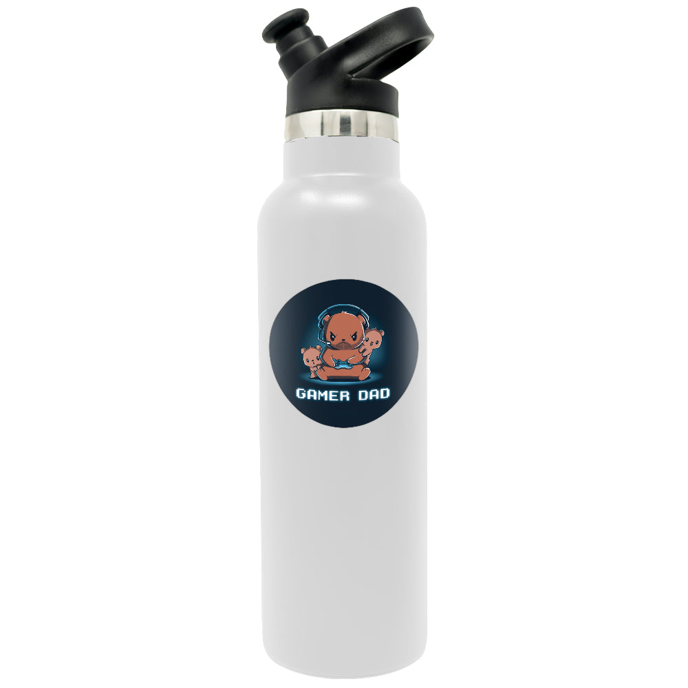 A white water-resistant bottle with a Gamer Dad sticker from TeeTurtle.