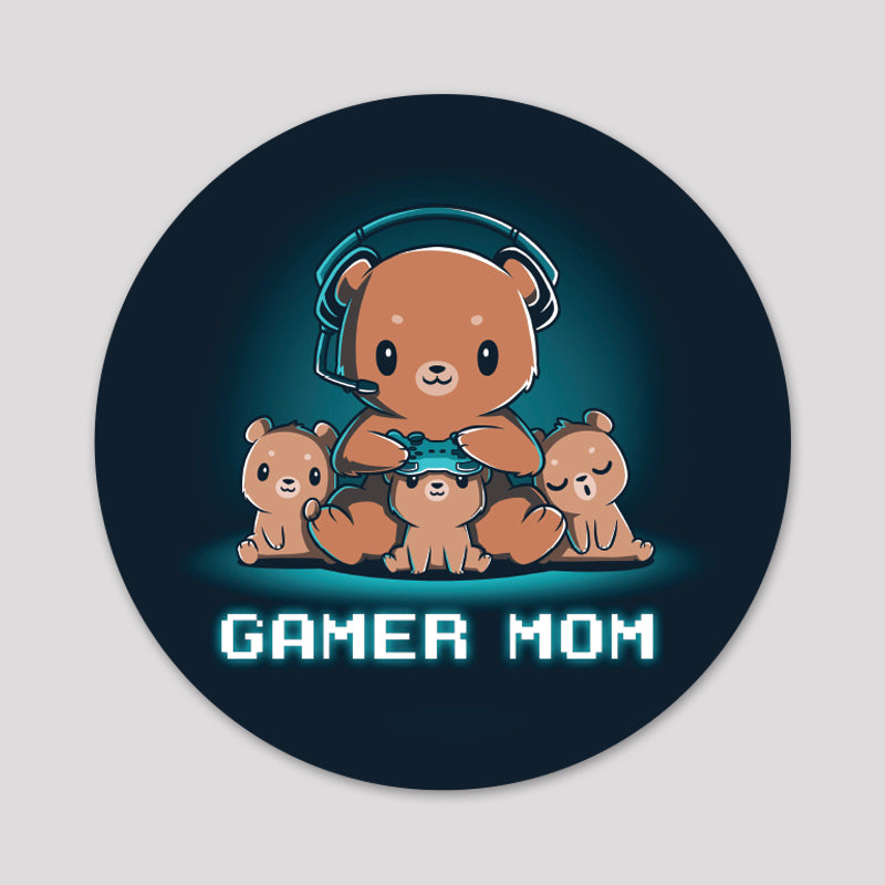 A water-resistant TeeTurtle Gamer Mom Sticker featuring a gamer mom with two adorable teddy bears.