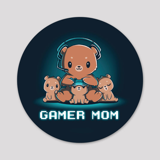 A water-resistant TeeTurtle Gamer Mom Sticker featuring a gamer mom with two adorable teddy bears.