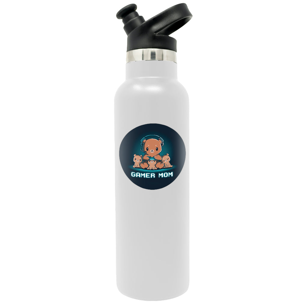 A white water bottle with a Gamer Mom sticker from TeeTurtle.