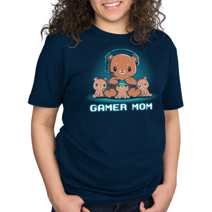 A woman wearing a navy blue T-shirt that says TeeTurtle Gamer Mom.