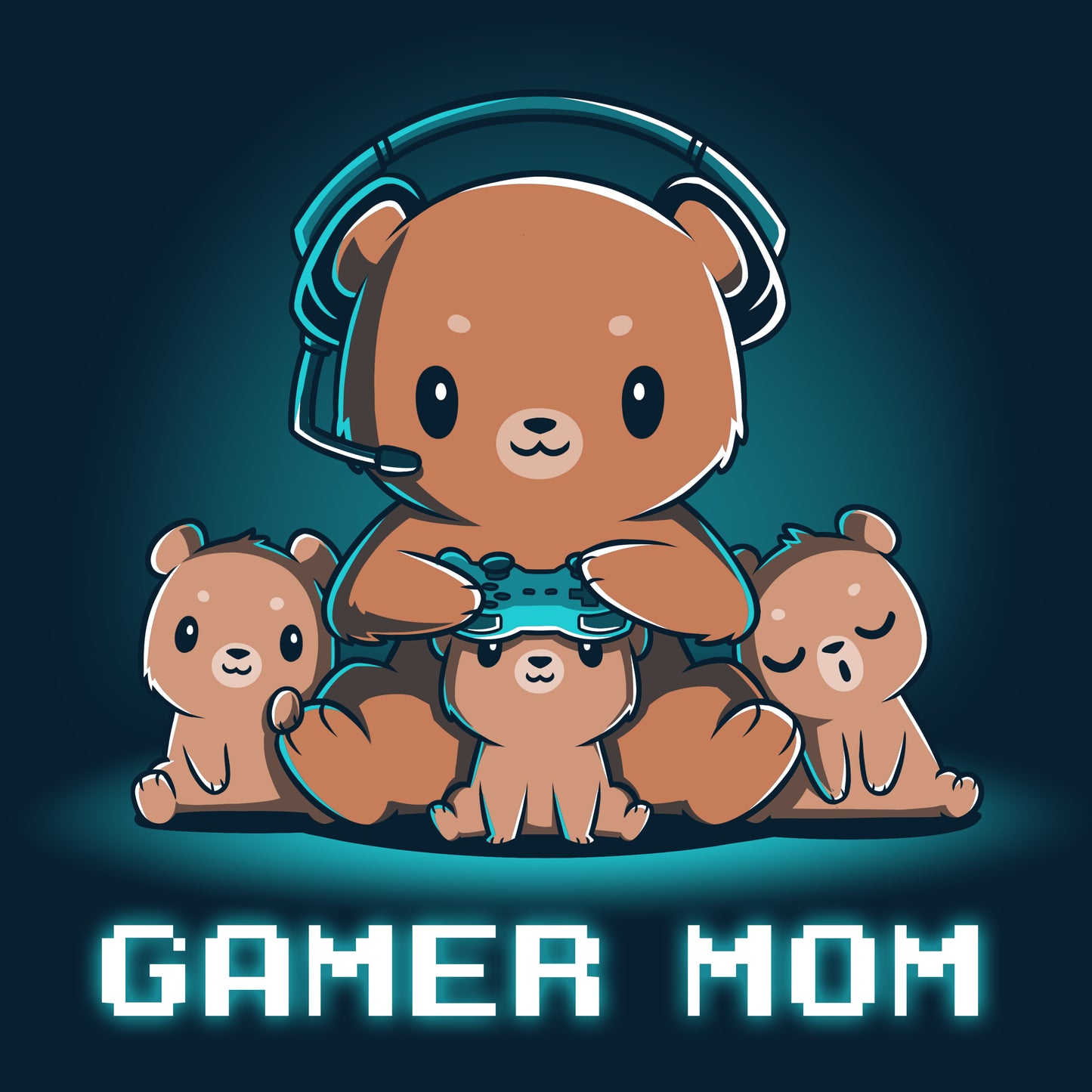 A navy blue t-shirt with the words Gamer Mom and two teddy bears by TeeTurtle.