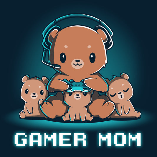 A navy blue t-shirt with the words Gamer Mom and two teddy bears by TeeTurtle.