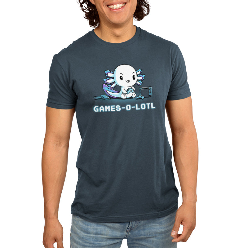 A man wearing a denim blue t-shirt that says "Games-o-lotl" by TeeTurtle.