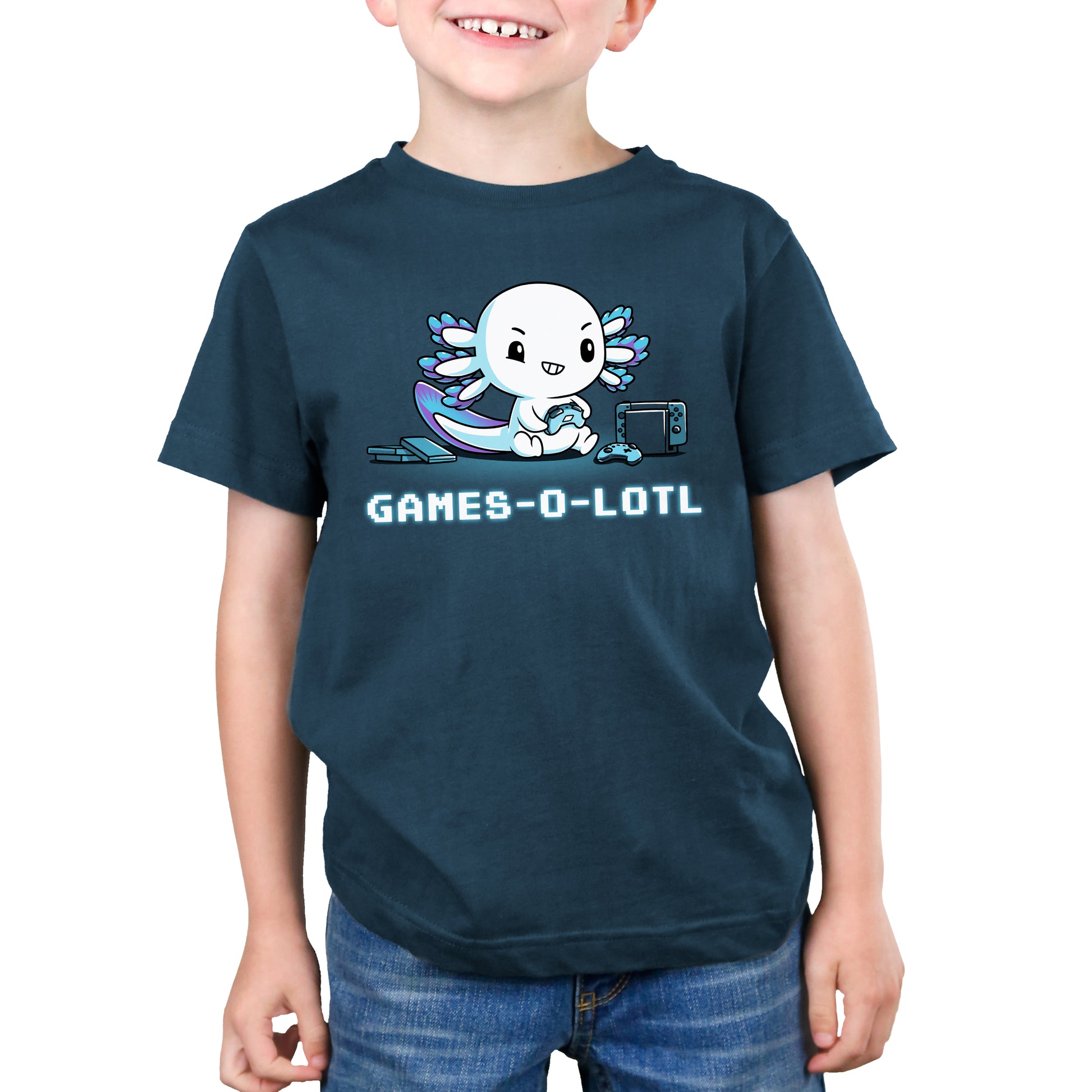 A young boy wearing a denim blue t-shirt from TeeTurtle, showcasing his Games-o-lotl gamer skills.