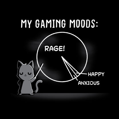 Premium Cotton T-shirt_Teeturtle Gaming Moods black t-shirt featuring a gray-furred cat with a pointing stick pointing to a pie chart that is mostly 'RAGE' with 'Happy' and 'Anxious' as much smaller parts of the chart and 'My Gaming Moods:' written above.