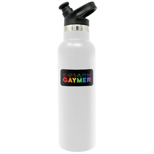 A white water bottle with cute Gaymer Stickers of games on it from TeeTurtle.