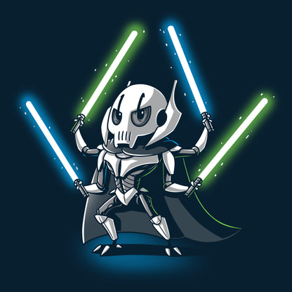 A General Grievous character holding two lightsabers on a Star Wars T-shirt.