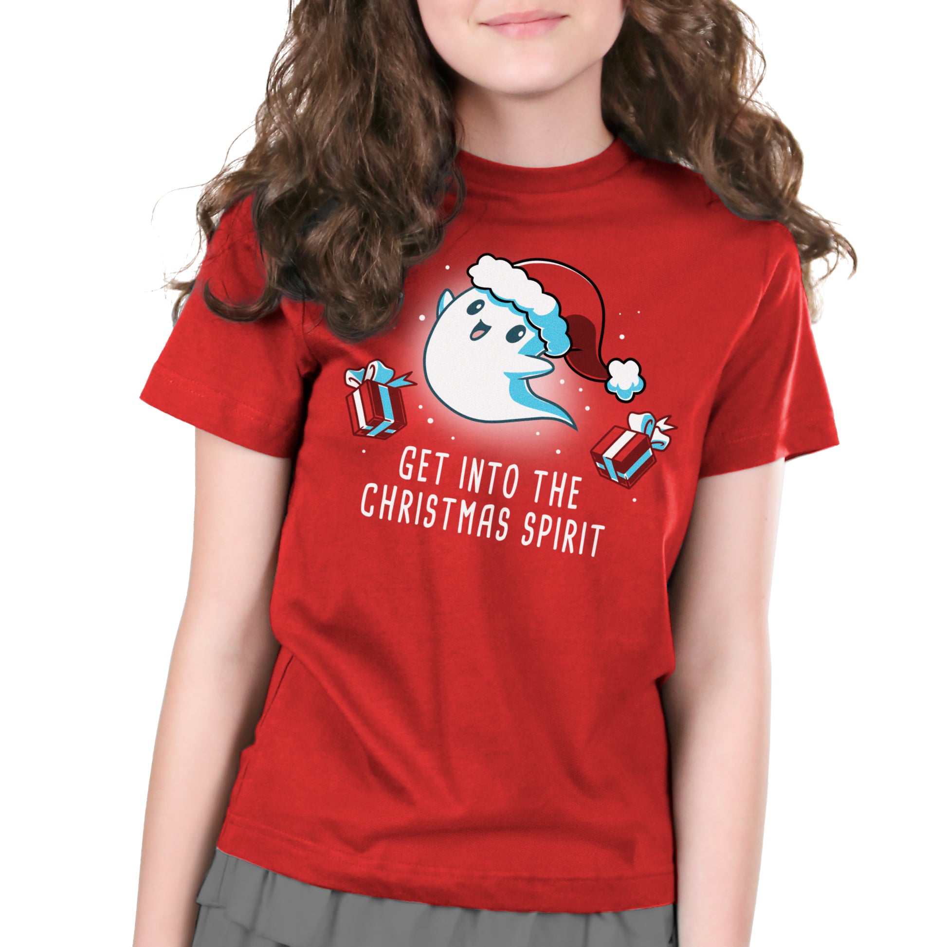 A girl wearing the "Get into the Christmas Spirit" t-shirt by TeeTurtle is spreading the holiday spirit.