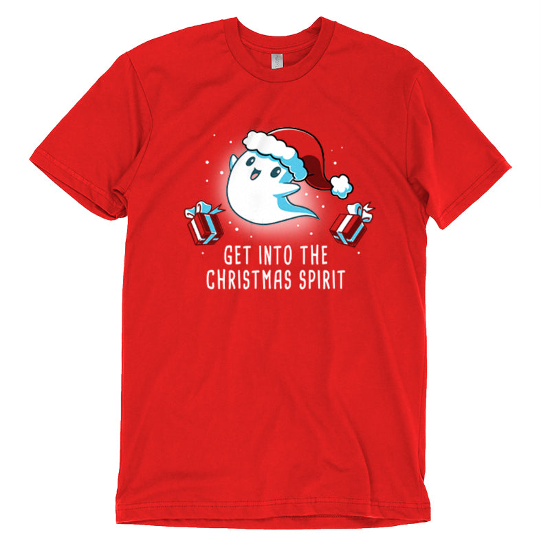 A red t-shirt, "Get into the Christmas Spirit" by TeeTurtle, that features a festive Christmas design, perfect for getting into the holiday spirit.