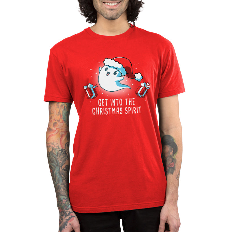 A man wearing a red t-shirt with the words "let the ghost TeeTurtle Christmas spirit".
