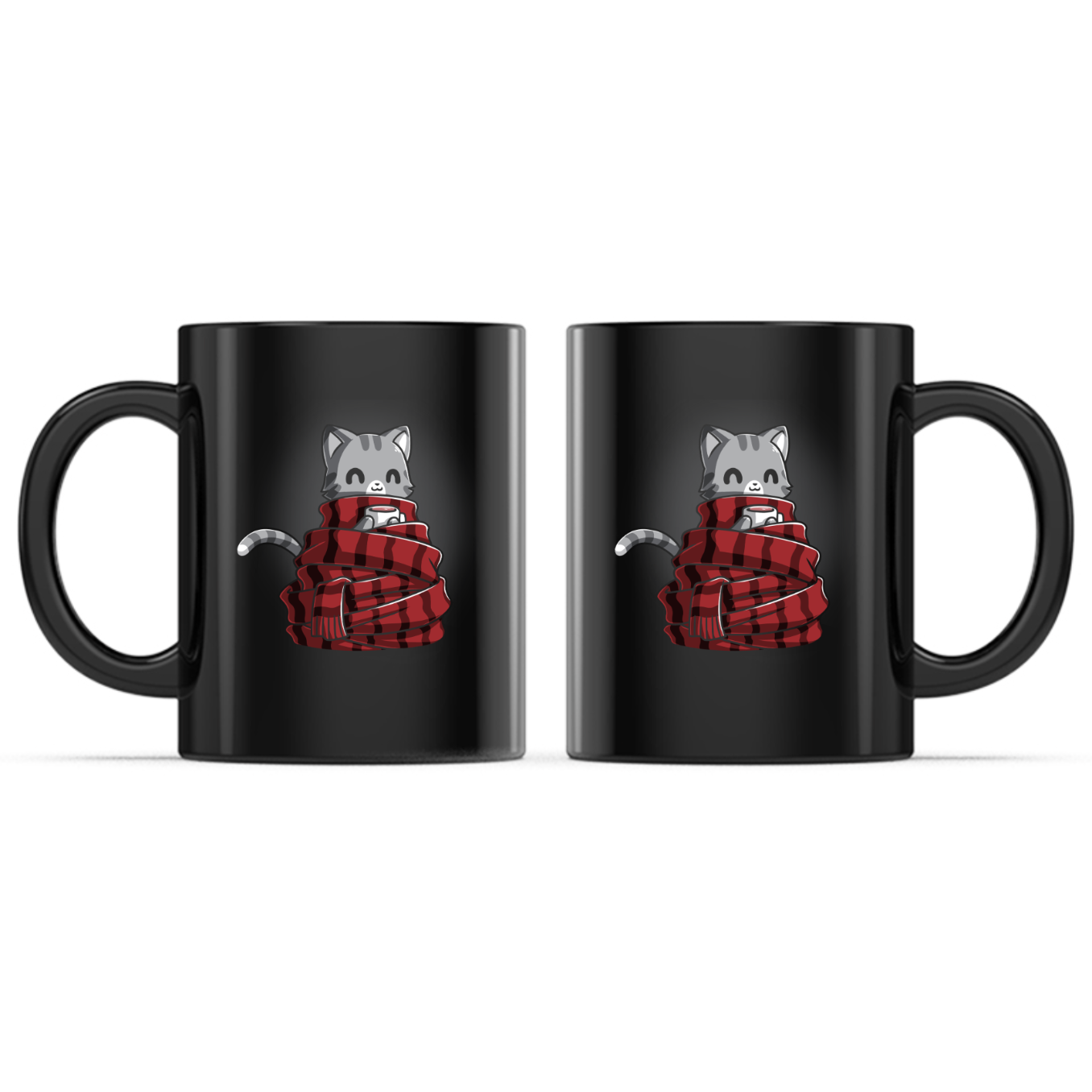 Ceramic Mug_TeeTurtle Get Cozy black mug featuring a smiling gray tabby cat wrapped in a cozy red plaid scarf while holding a warm mug.