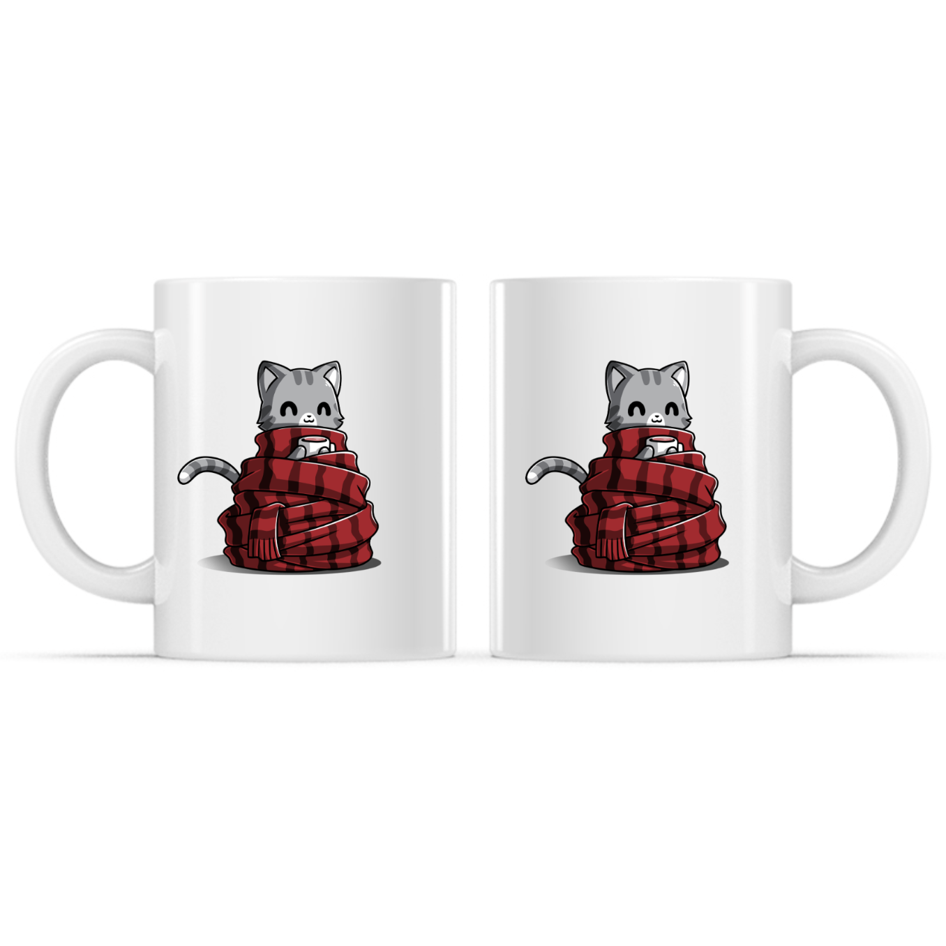 Ceramic Mug_TeeTurtle Get Cozy white mug featuring a smiling gray tabby cat wrapped in a cozy red plaid scarf while holding a warm mug.
