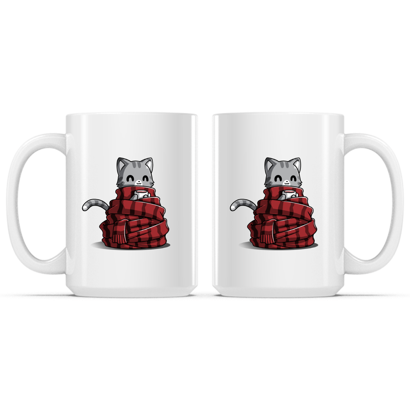 Ceramic Mug_TeeTurtle Get Cozy white mug featuring a smiling gray tabby cat wrapped in a cozy red plaid scarf while holding a warm mug.