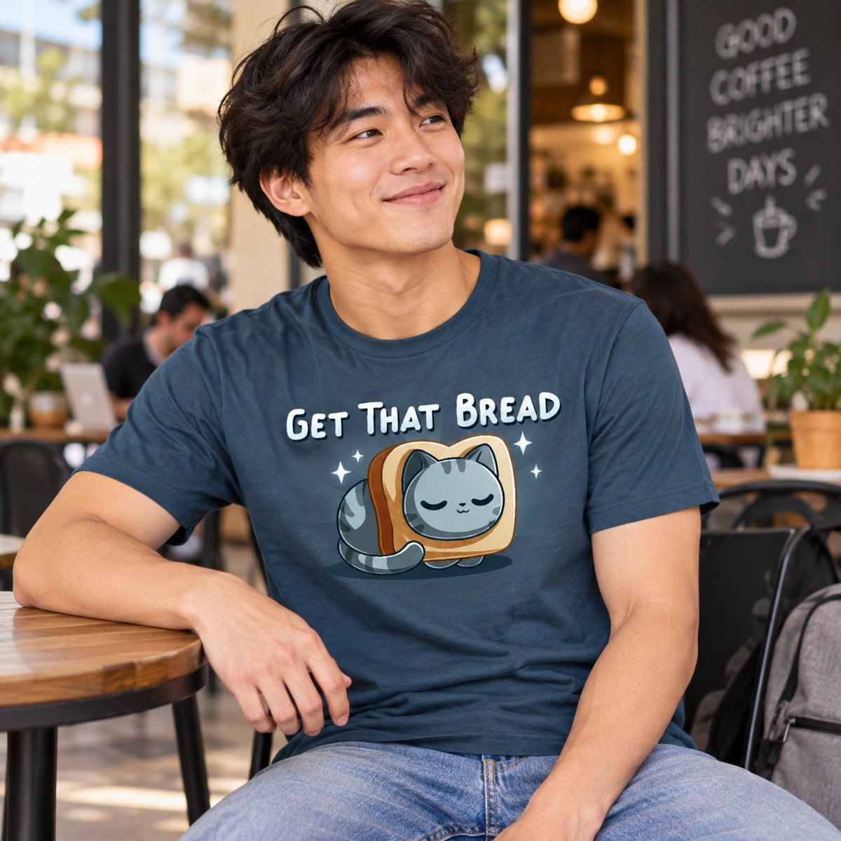 Men's Premium T-Shirt_TeeTurtle dark teal Get That Bread Men's Premium T-Shirt featuring a cozy gray tabby cat curled up inside a slice of toast with sparkles around it and the text "Get That Bread."