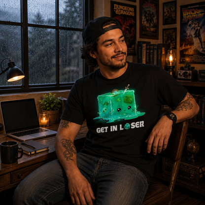 Premium Cotton T-shirt_TeeTurtle black Get In Loser Premium Cotton T-shirt featuring a gelatinous cube with bones, weapons, armor and treasure inside. It has a face and is smiling. Below text reads "Get In Loser" with the o in loser replaced by a D20 that landed on 1. 
