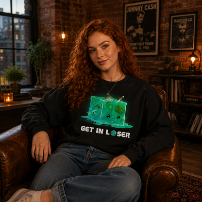 Crew Neck Sweatshirt_TeeTurtle black Get In Loser Crew Neck Sweatshirt featuring a smiling green gelatinous cube filled with bones and adventuring loot with the text "Get In Loser," featuring a twenty-sided die in place of the "O."