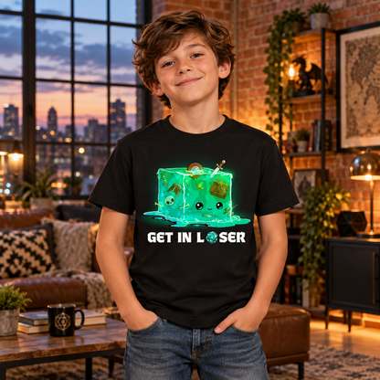 Kids' Classic T-Shirt_TeeTurtle black Get In Loser Kids' Classic T-Shirt featuring a smiling green gelatinous cube filled with bones and adventuring loot with the text "Get In Loser," featuring a twenty-sided die in place of the "O."