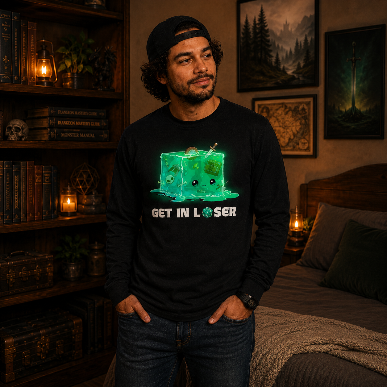 Long Sleeve T-shirt_TeeTurtle black Get In Loser Long Sleeve T-shirt featuring a smiling green gelatinous cube filled with bones and adventuring loot with the text "Get In Loser," featuring a twenty-sided die in place of the "O."