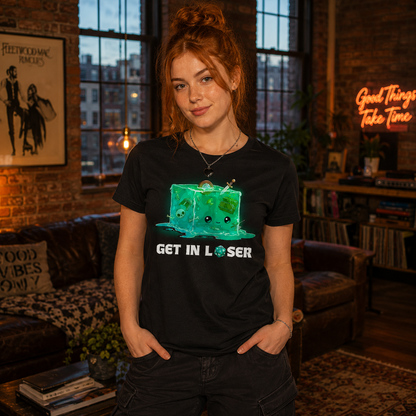 Women's Premium T-Shirt_TeeTurtle black Get In Loser Women's Premium T-Shirt featuring a smiling green gelatinous cube filled with bones and adventuring loot with the text "Get In Loser," featuring a twenty-sided die in place of the "O."