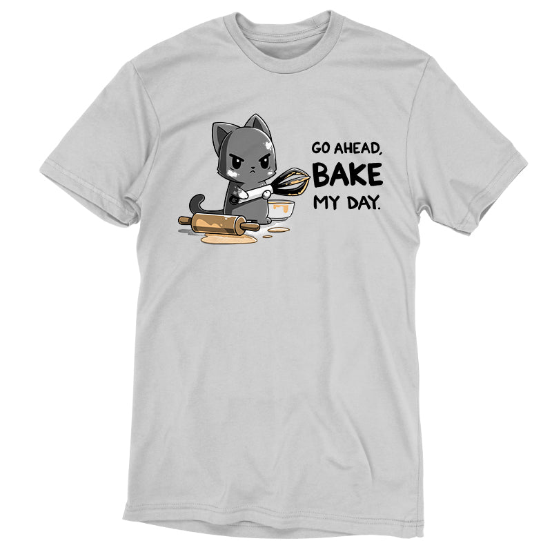 Premium Cotton T-shirt_TeeTurtle Go Ahead Bake My Day Silver Gray t-shirt featuring An angry cartoon cat holding a whisk and covered in dough stands next to a messy rolling pin and bowl with the text "Go Ahead, Bake My Day"