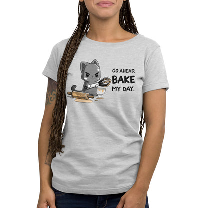 Premium Cotton T-shirt_TeeTurtle Go Ahead Bake My Day Silver Gray t-shirt featuring An angry cartoon cat holding a whisk and covered in dough stands next to a messy rolling pin and bowl with the text "Go Ahead, Bake My Day"