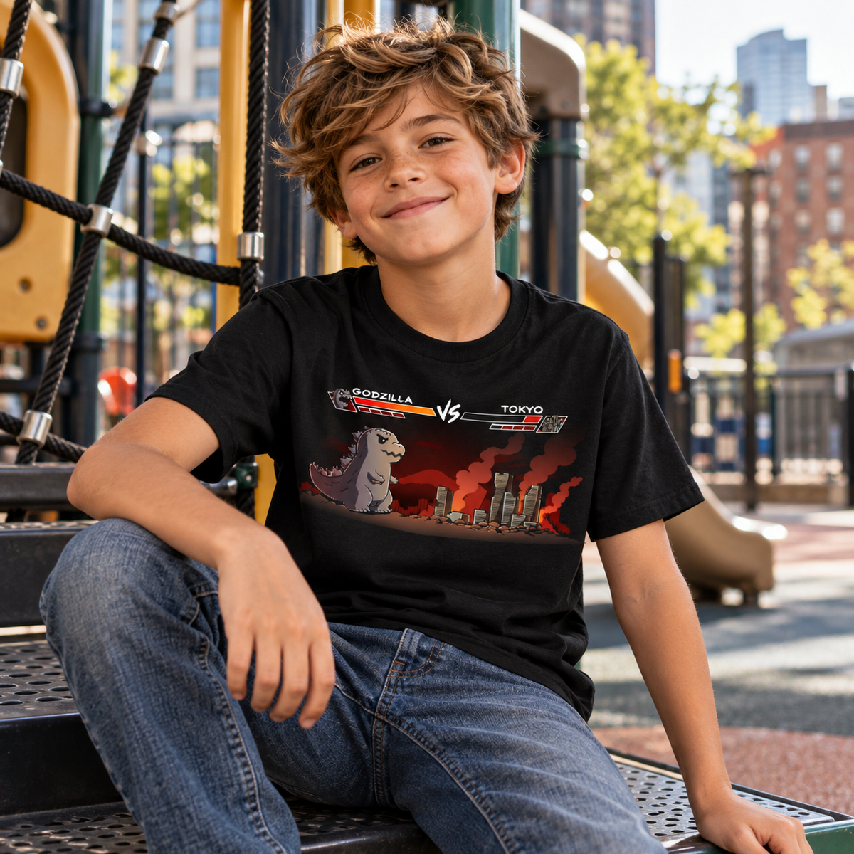 Kids' Classic T-Shirt_TeeTurtle black Godzilla Fight Screen Kids' Classic T-Shirt featuring Godzilla facing a burning Tokyo skyline in a retro fighting game scene with health bars labeled "Godzilla" and "Tokyo."
