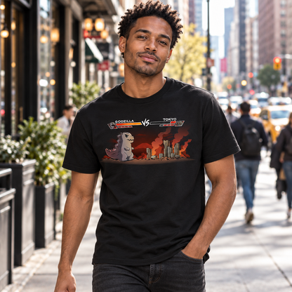 Men's Premium T-Shirt_TeeTurtle black Godzilla Fight Screen Men's Premium T-Shirt featuring Godzilla facing a burning Tokyo skyline in a retro fighting game scene with health bars labeled "Godzilla" and "Tokyo."