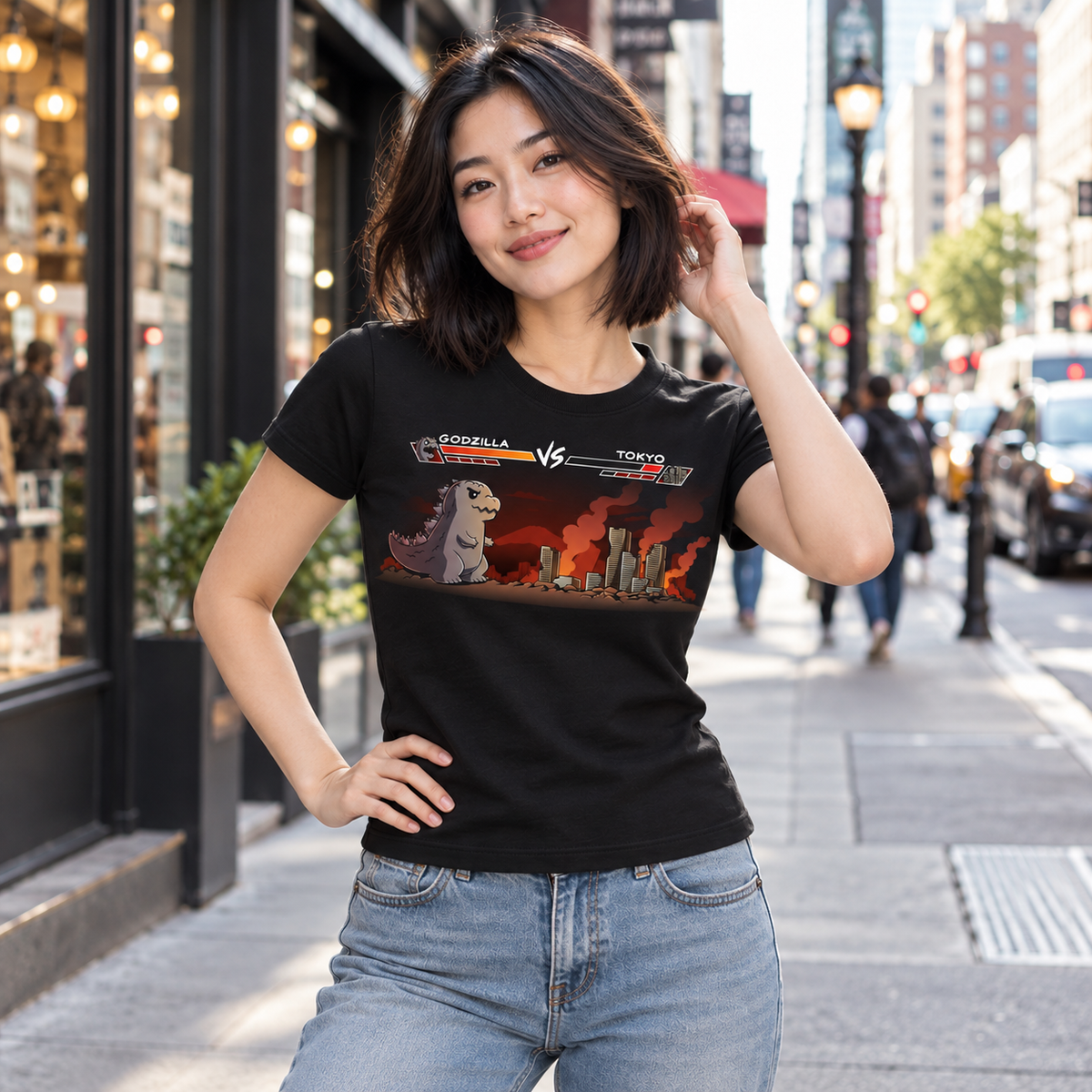 Women's Premium T-Shirt_TeeTurtle black Godzilla Fight Screen Women's Premium T-Shirt featuring Godzilla facing a burning Tokyo skyline in a retro fighting game scene with health bars labeled "Godzilla" and "Tokyo."
