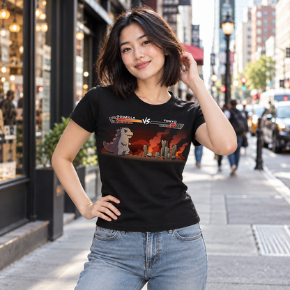 Women's Premium T-Shirt_TeeTurtle black Godzilla Fight Screen Women's Premium T-Shirt featuring Godzilla facing a burning Tokyo skyline in a retro fighting game scene with health bars labeled "Godzilla" and "Tokyo."