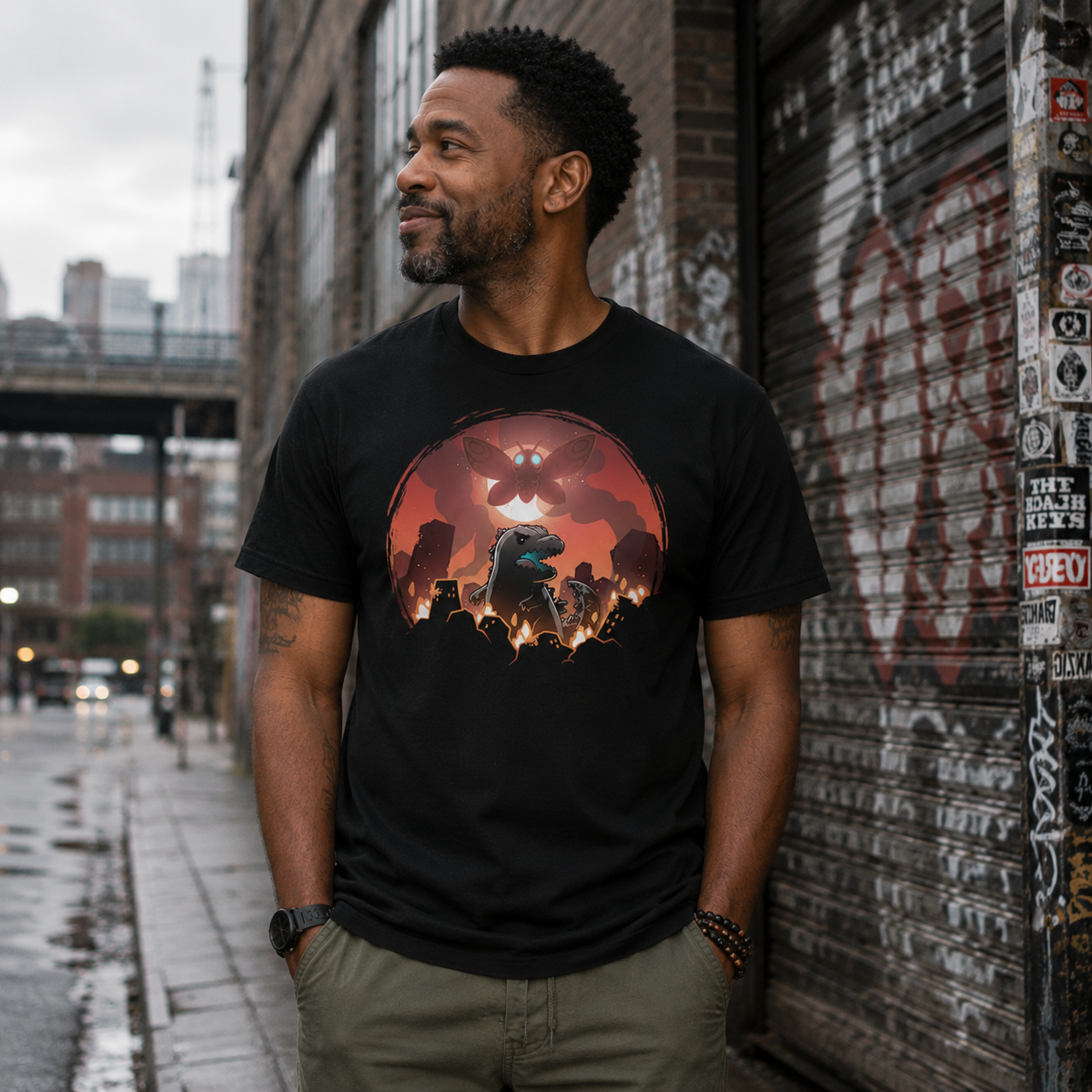 Premium Cotton T-shirt_TeeTurtle black Godzilla and Mothra Rampage apparel featuring Godzilla rampaging around a burning city with Mothra floating in the sky in front of a full moon.