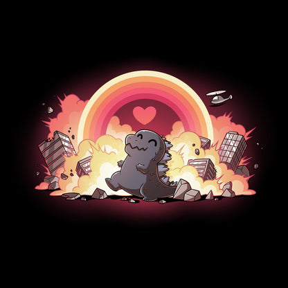 Classic Cotton T-shirt_TeeTurtle black Godzilla's Happy Place apparel featuring a happy Godzilla rampaging through collapsing and exploding buildings, with a rainbow that has a heart in the center in the sky.