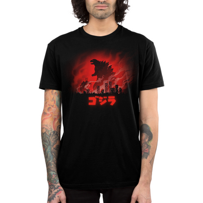 Premium Cotton T-shirt_TeeTurtle black Gojira apparel featuring a silhouette of Godzilla looming above a burning city, with "Gojira" in katakana underneath.