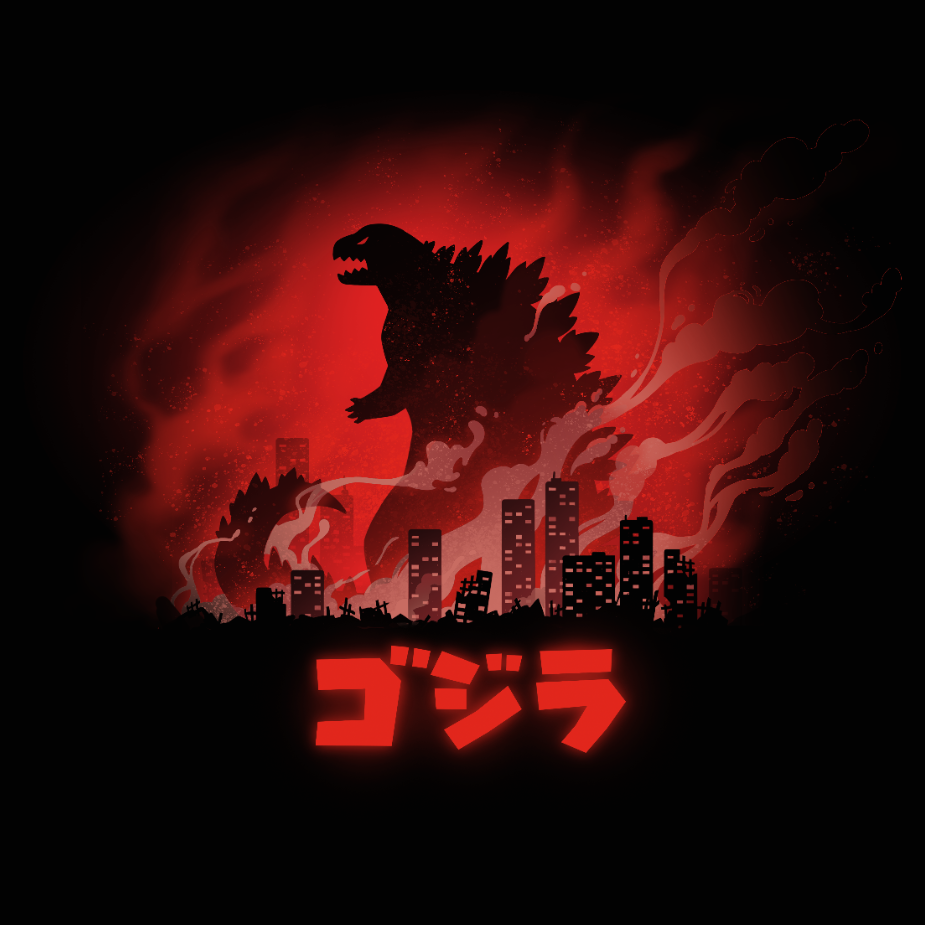 Premium Cotton T-shirt_TeeTurtle black Gojira apparel featuring a silhouette of Godzilla looming above a burning city, with "Gojira" in katakana underneath.