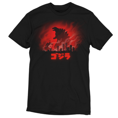 Premium Cotton T-shirt_TeeTurtle black Gojira apparel featuring a silhouette of Godzilla looming above a burning city, with "Gojira" in katakana underneath.