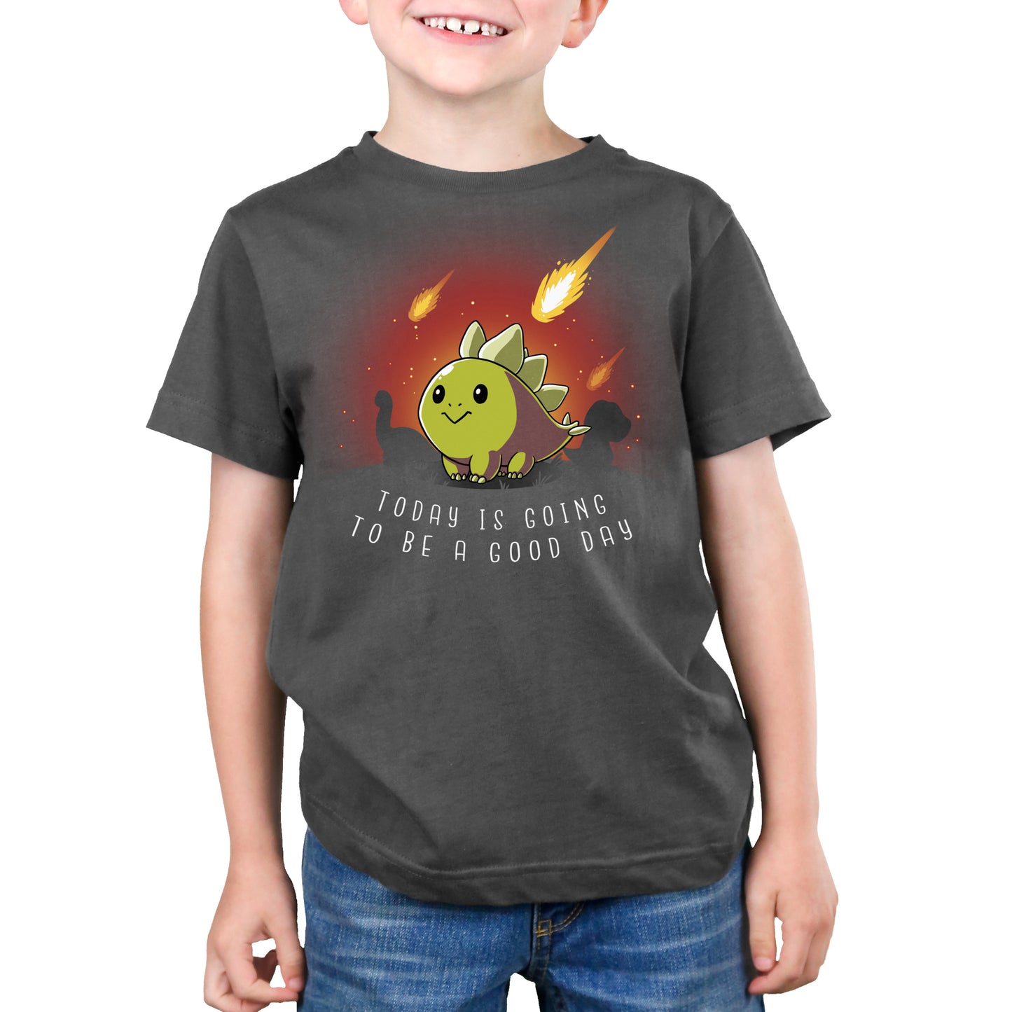 A young boy wearing a TeeTurtle Good Day charcoal gray T-shirt.