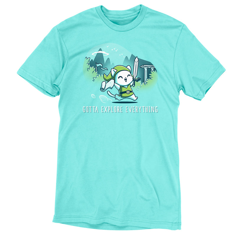 A Caribbean blue t-shirt featuring an image of a Nintendo character, called "Gotta Explore Everything" by TeeTurtle.