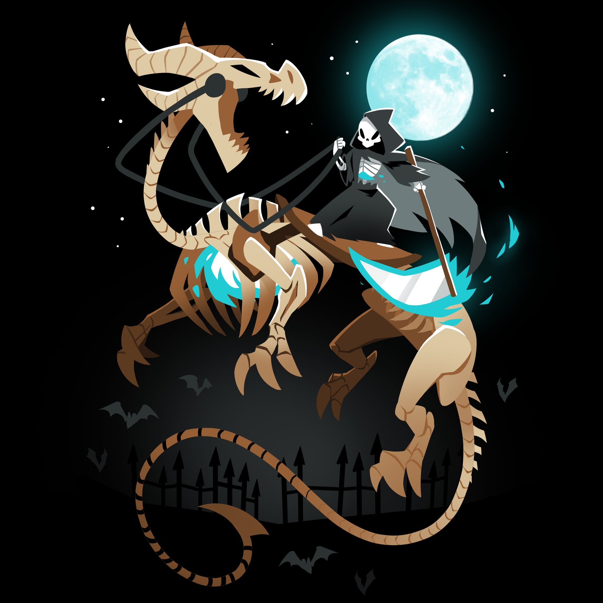 A Grim Knight riding a black dragon in the night sky, featured on a TeeTurtle T-shirt.