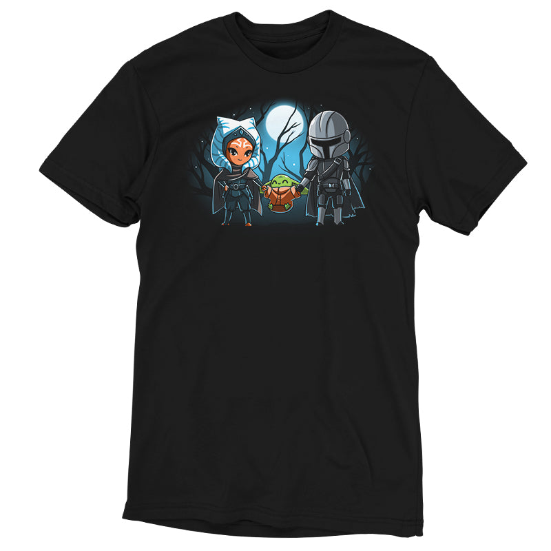 A black unisex tee with two Halloween characters, Ahsoka Tano and Grogu from "Grogu's Family" by Star Wars, on it.