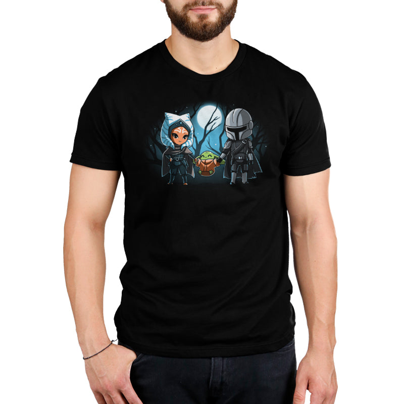 A men's black T-shirt featuring two fierce protectors from the Grogu's Family by Star Wars.