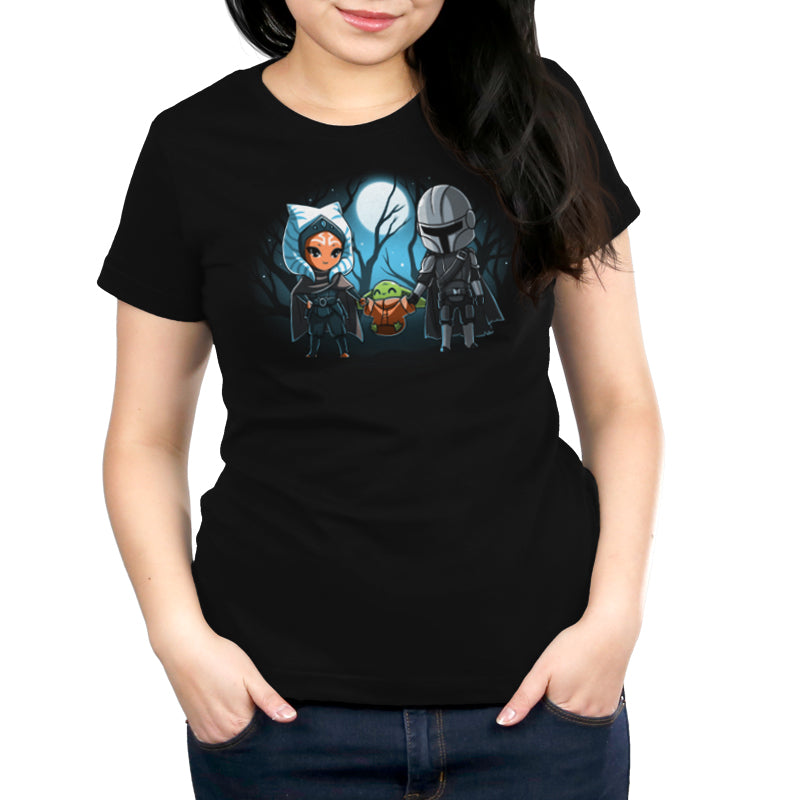 A licensed Star Wars Mandalorian t-shirt for women featuring Grogu's Family.