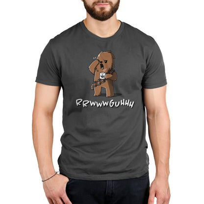 A man wearing an officially licensed Star Wars t-shirt with Grumpy Chewbacca on it.