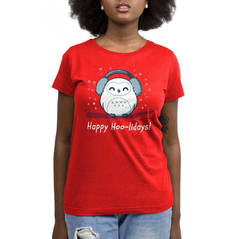 A comfortable women's red t-shirt from TeeTurtle that says "Happy Hoo-lidays".