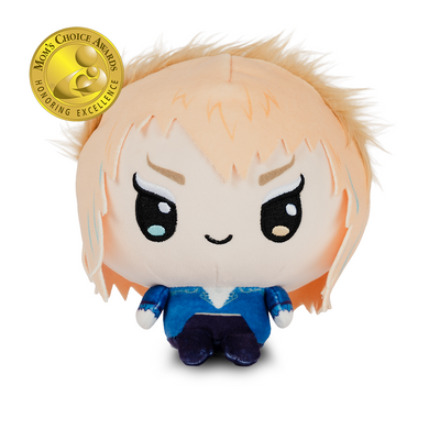 Jareth the Goblin King in Cloudheads plushie form. He has a tiny body, big head and his trademark dramatic hair and intense heterochromatic eyes. There is a "Mom's Choice Award" badge in the upper left corner. 