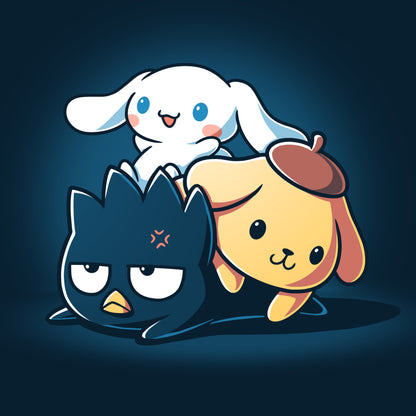 A black background featuring a Cinnamoroll, Badtz-Maru, and Pompompurin from Sanrio.