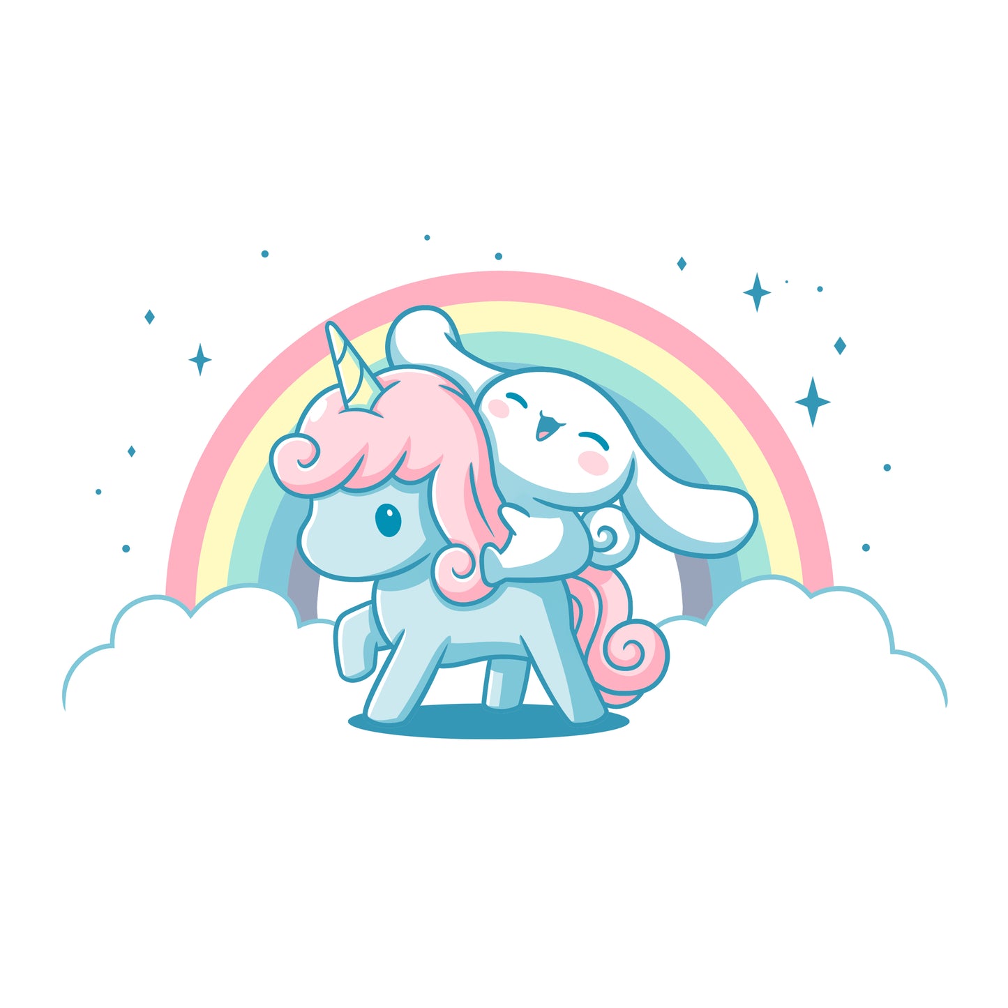 A Cinnamoroll riding a Corune the Unicorn with a rainbow in the sky, showcasing officially licensed Sanrio products.