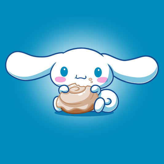A friendly Just A Couple of Cinnamorolls bunny holding a doughnut on a blue background by Sanrio.